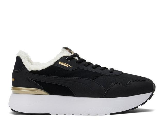 Women's Puma R78 Voyage Teddy Sneakers in Black/Gold color