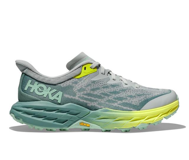 Women's Hoka Speedgoat 5 Trail Running Shoes in Grey/Green color