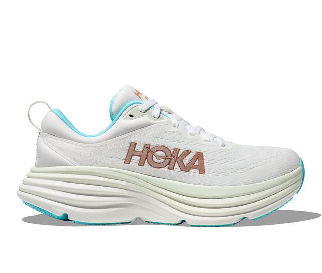 Women's Hoka Bondi 8 Running Shoes in Frost/Rose Gold color