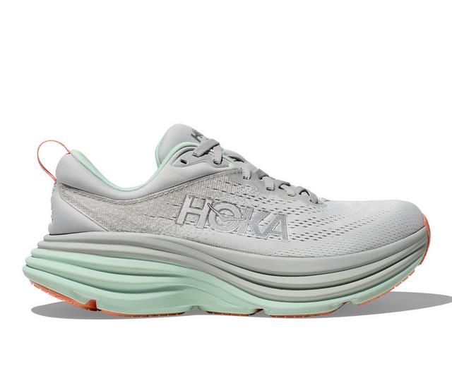 Women's Hoka Bondi 8 Running Shoes in Stardust/Aqua color