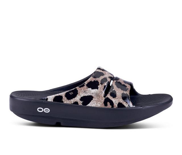 Women's Oofos Ooahh luxe Limited Sandals in Cheetah color