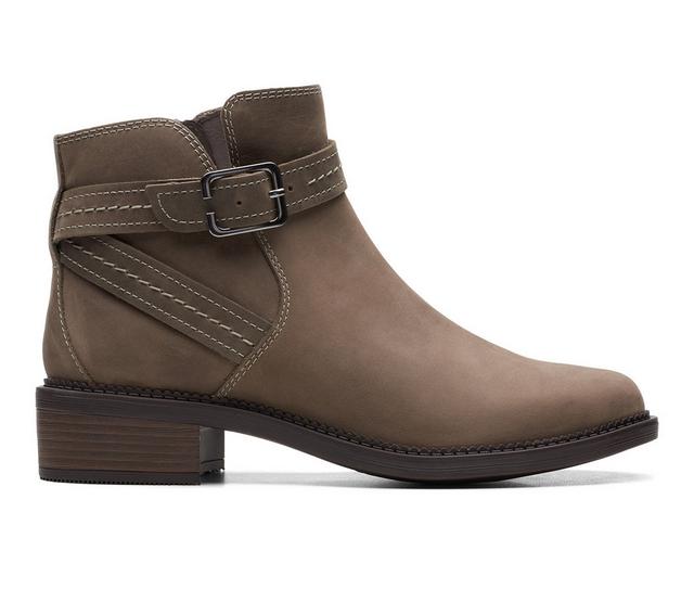 Women's Clarks Maye Strap Booties in Dark Taupe Lea color