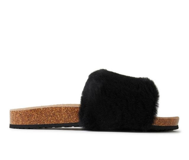 Fireside by Dearfoams Women's Canberra Genuine Shearling Slide Footbed Sandals in Black color