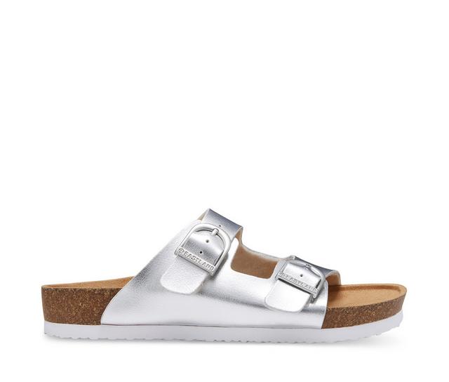 Women's Eastland Cambridge Double Strap & Buckle Slide Footbed Sandals in Silver color