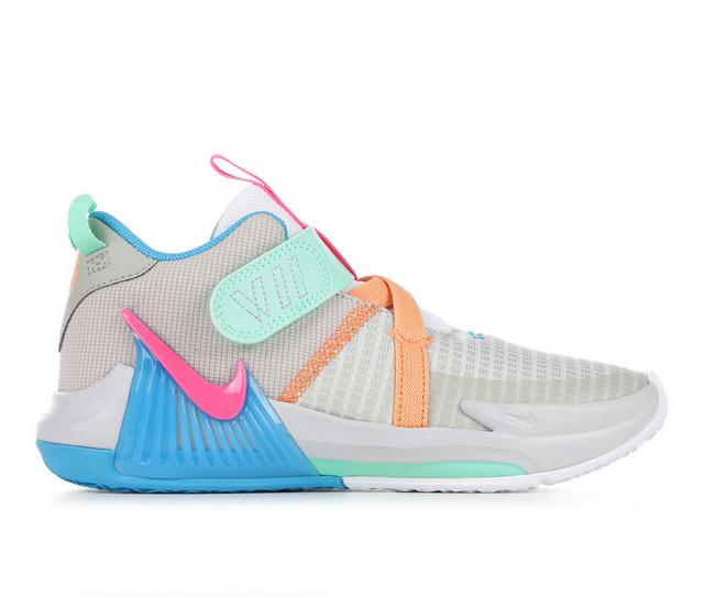 Boys' Nike Little Kid LeBron Witness VII Basketball Shoes in Grey/Pink/Blue color