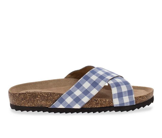 Women's Western Chief Gingham Sophie Cross Footbed Sandals in Blue color