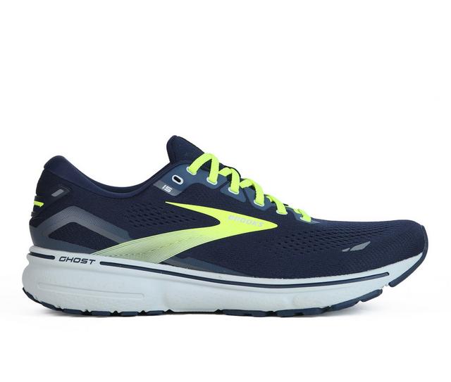 Men's Brooks GHOST 15 Running Shoes in Navy/Yellow color