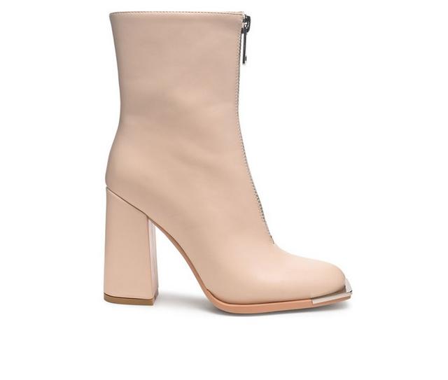 Women's London Rag Flower Blade Block Heel Booties in Beige color