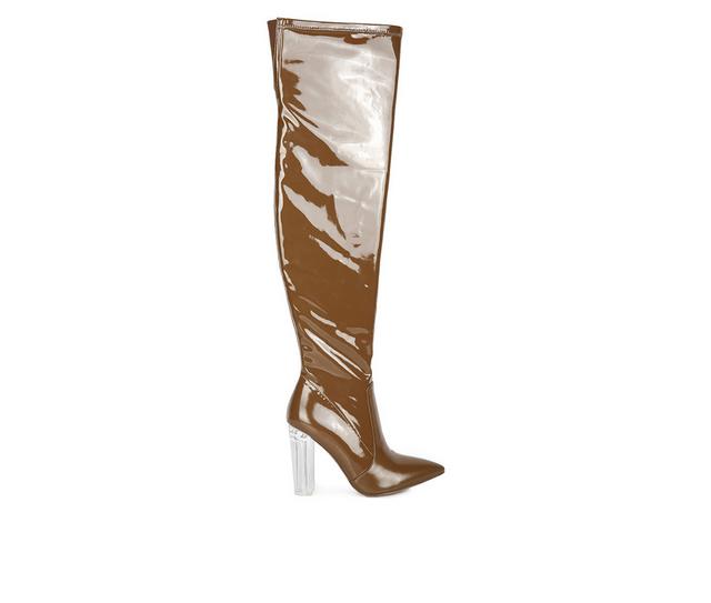 Women's London Rag Noire Block Heel Knee High Boots in Tan color