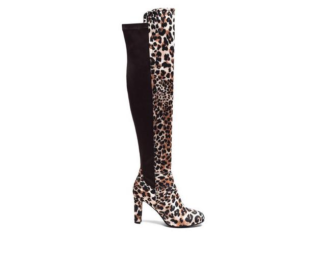 Women's London Rag Fauna Block Heel Knee High Boots in Leopard color