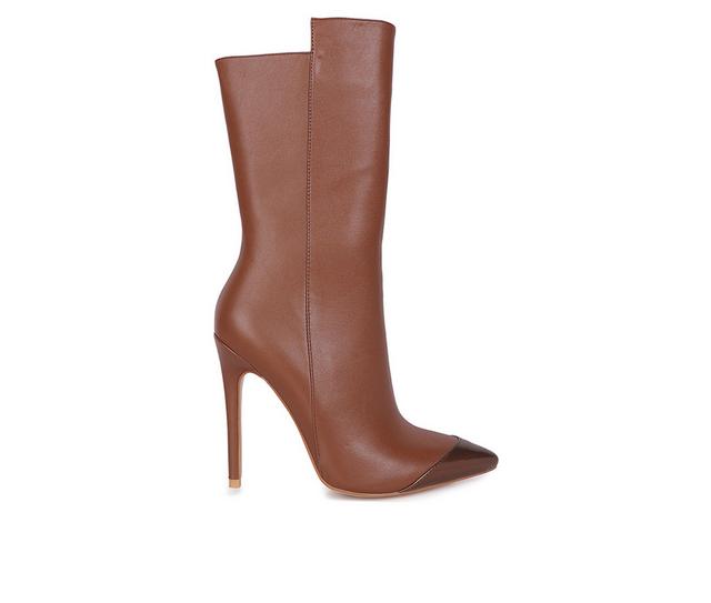 Women's London Rag Twitch Mid Calf Stiletto Booties in Tan color