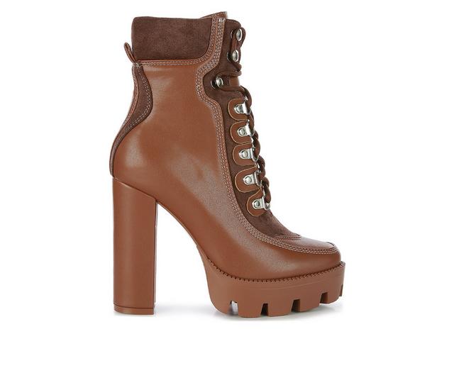 Women's London Rag Yeti Lace Up Heeled Moto Booties in Tan/Brown color