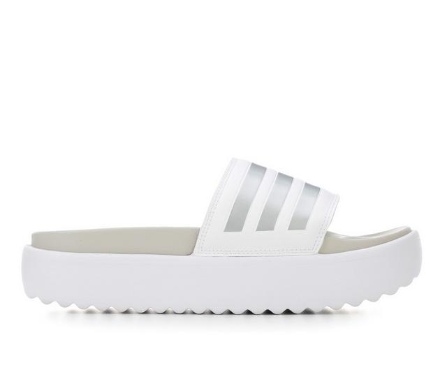 Women's Adidas Adilette Platform Sport Slides in Wht/Met/Grey color