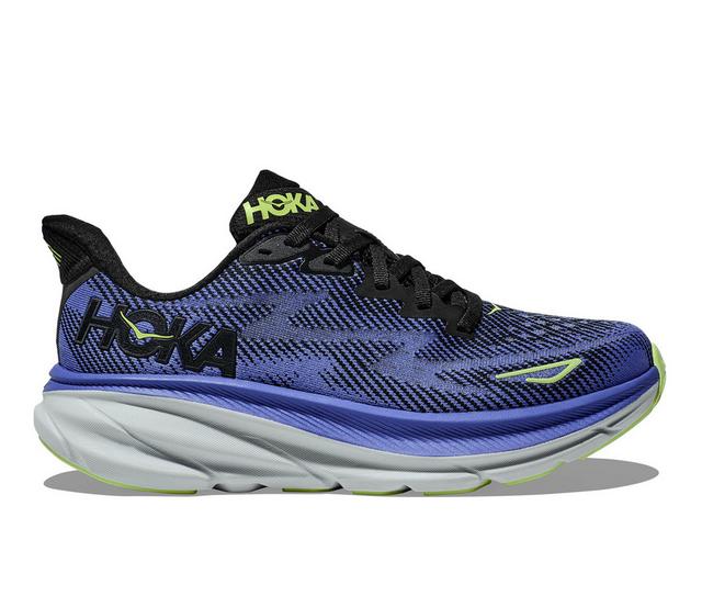 Women's Hoka One One Clifton 9 Running Shoes in Blk/Stellar Blu color