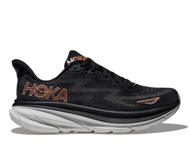 Women's Hoka Clifton 9 Running Shoes in Black/Rose Gold color