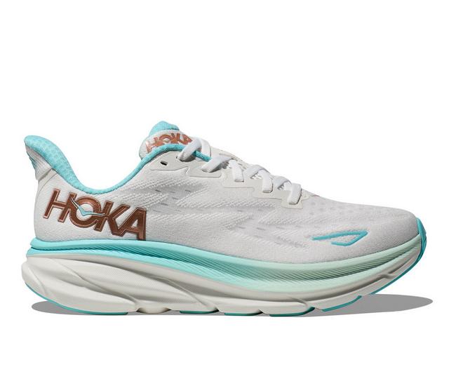 Women's Hoka One One Clifton 9 Running Shoes in Frost/Rose Gold color