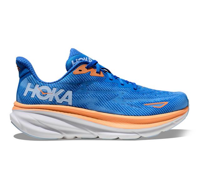 Men's Hoka Clifton 9 Running Shoes in Blue/Orange color