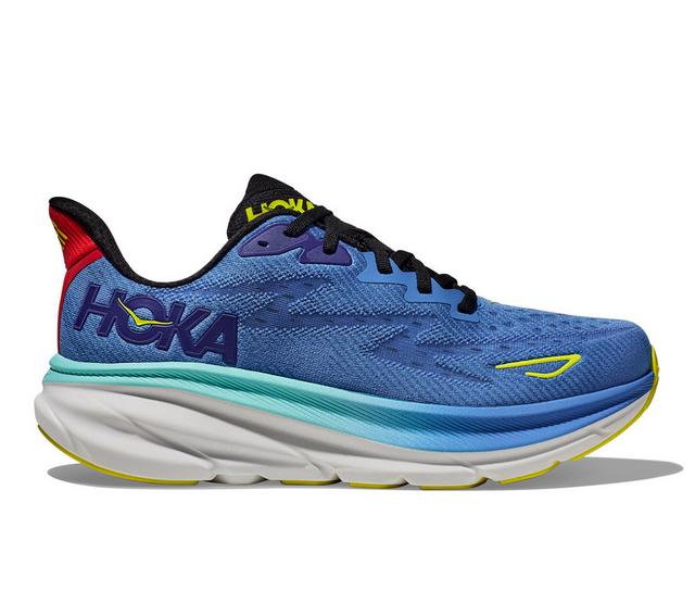 Men's Hoka One One Clifton 9 Running Shoes in Blue/Yellow/Red color