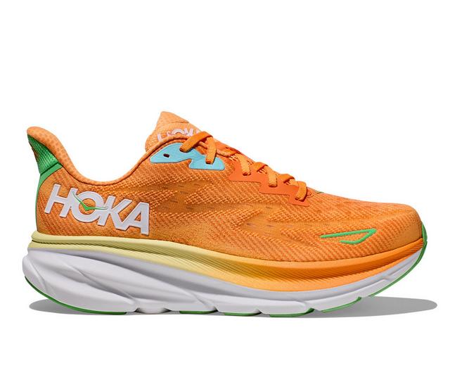 Men's Hoka One One Clifton 9 Running Shoes in Orange/Blue color