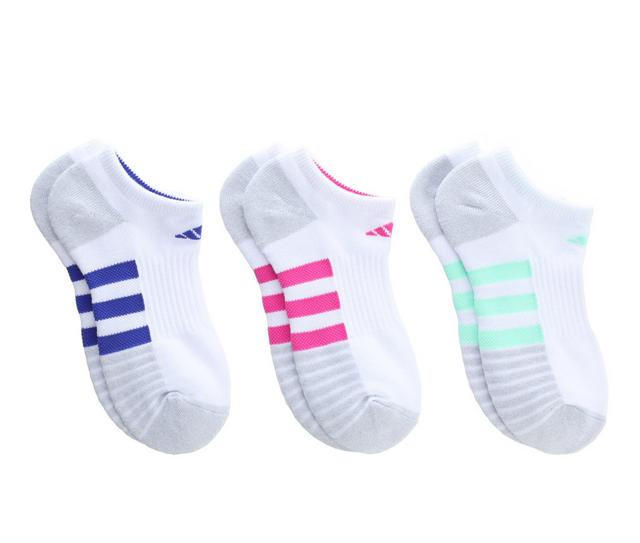Adidas 3 Pack Cushion 3.0 No Show Socks in W Wht/Mint/Pink color