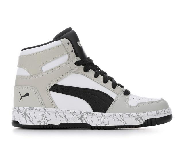 Boys' Puma Rebound Layup Mid Marble 4-7 Sneakers in Gry/Wht/Gry color