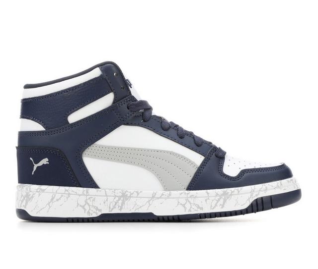 Boys' Puma Rebound Layup Mid Marble 4-7 Sneakers in Navy/Grey/White color