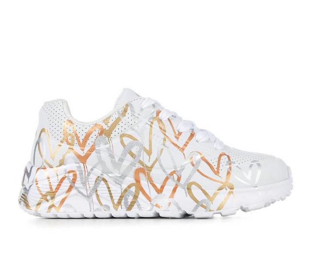 Girls' Skechers Street Little Kid & Big Kid Uno Lite Heart Metallic Wedge Sneakers in White/Gold color