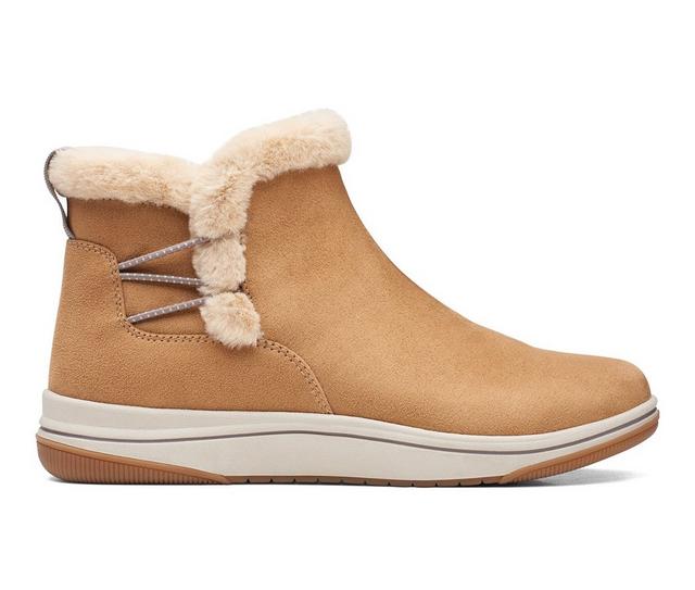 Women's Clarks Breeze Fur Winter Booties in Tan color