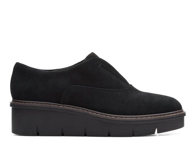 Women's Clarks Airabell Sky Wedge Clogs in Black Suede color
