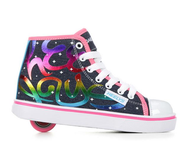 Girls' Heelys Veloz Mid Sneakers in Denim/Rainbow color