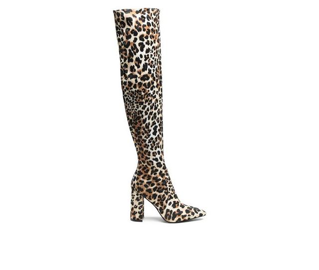 Women's London Rag Flittle Over The Knee Heeled Boots in Leopard Suede color