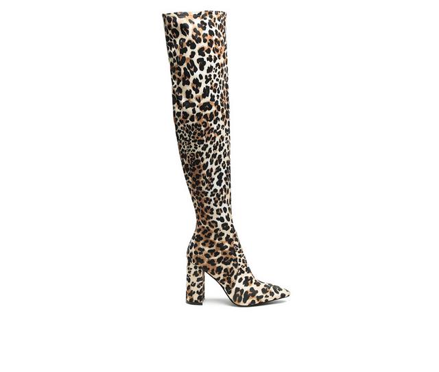 Women's London Rag Flittle Over The Knee Heeled Boots in Leopard Suede color