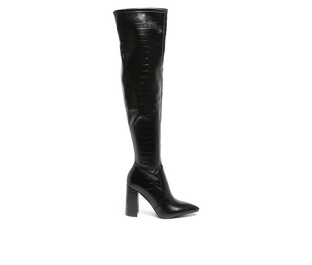 Women's London Rag Flittle Over The Knee Heeled Boots in Shiny Black color