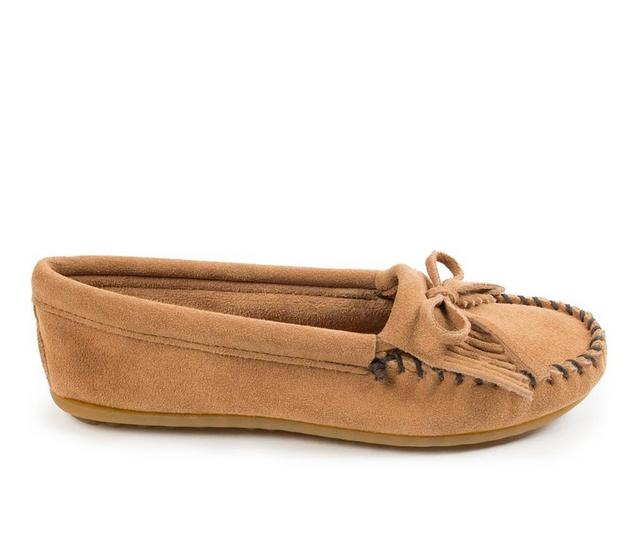 Women's Minnetonka Kilty Moccasins in Taupe color