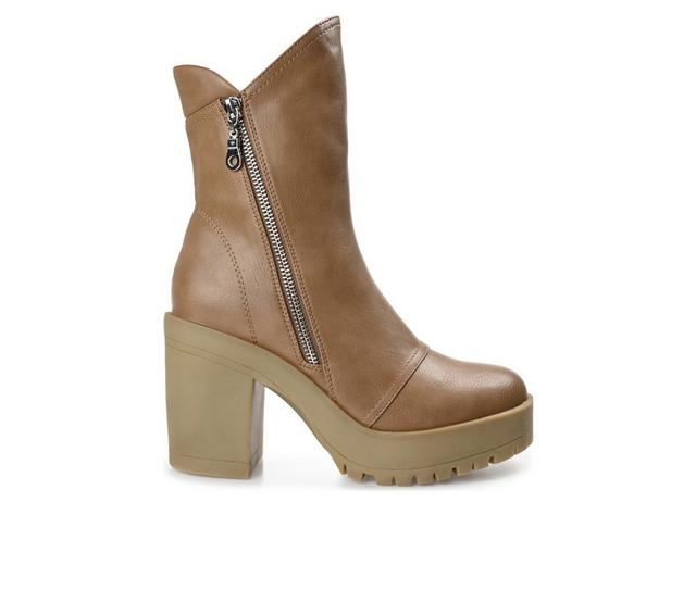 Women's Journee Collection Jaquie Block Heel Platform Booties in Tan color