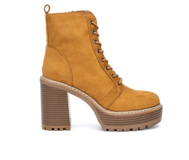 Women's Olivia Miller Evie Platform Heeled Lace Up Boots in Cognac color