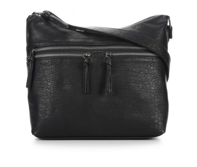 Bueno Of California Waxy Croc Washed Hobo Bag Handbag in Black color