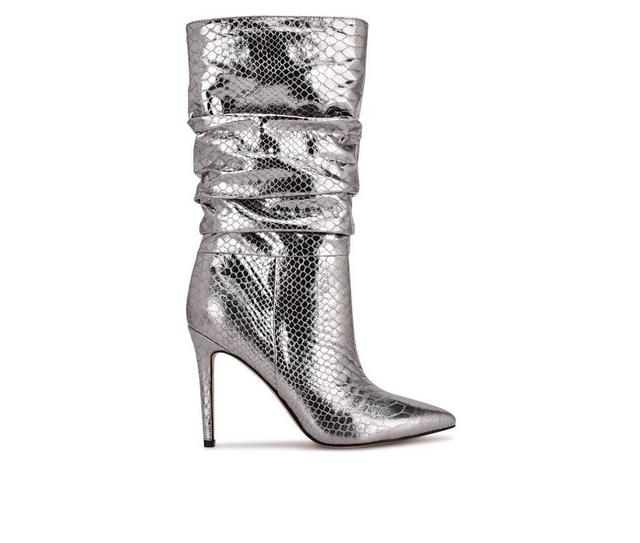 Women's Nine West Tasta Mid Calf Heeled Boots in Silver Snake color