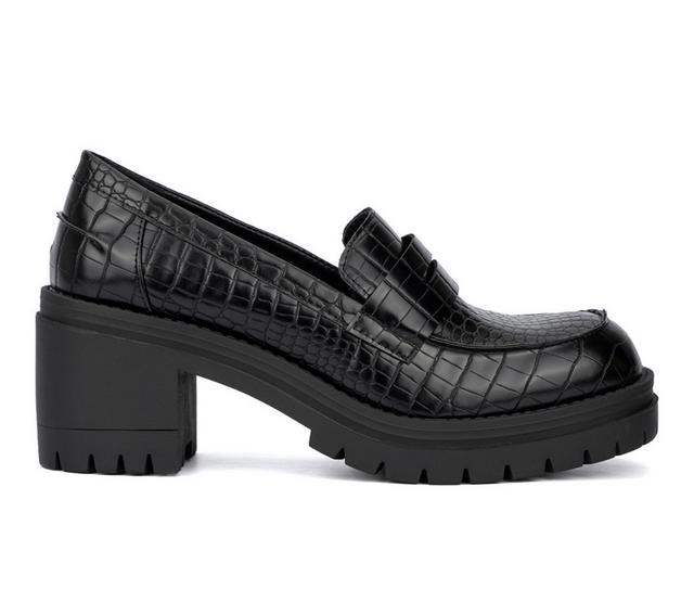 Women's New York and Company Penni Heeled Loafers in Black Croc color