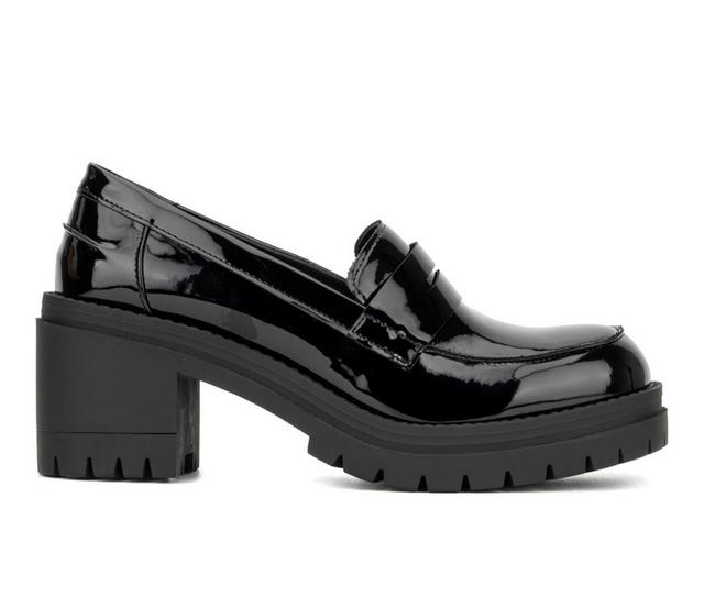 Women's New York and Company Penni Heeled Loafers in Black Patent color