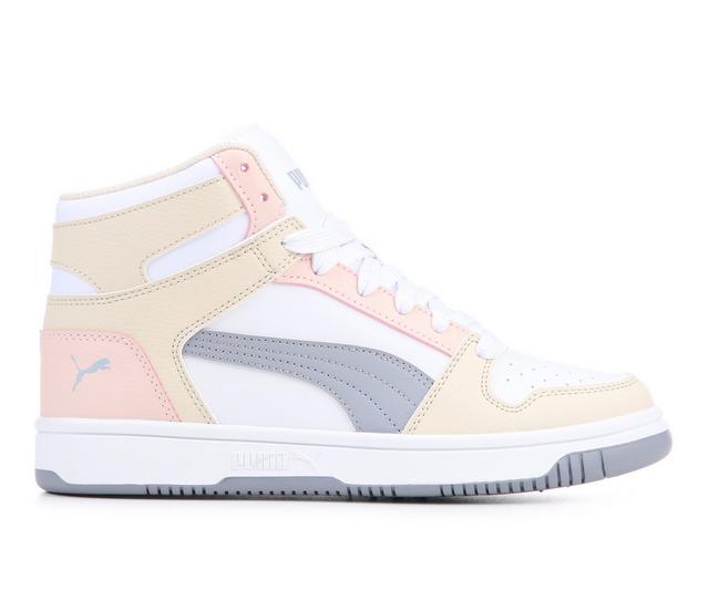 Women's Puma Rebound High-Top Sneakers in Wht/Pk/Tan color