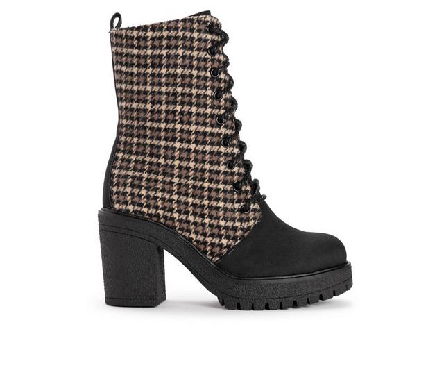 Women's MUK LUKS Riser Jazz Heeled Boot Lace Up Heeled Boots in Houndstooth Blk color