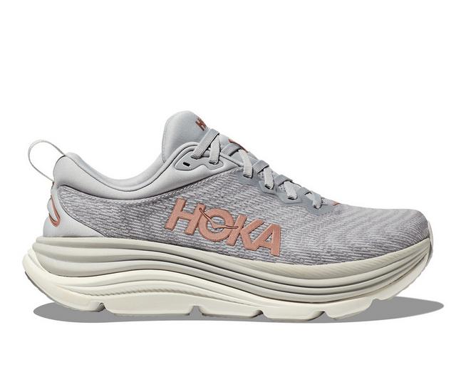 Women's Hoka Gaviota 5 Running Shoes in Grey/Rose Gold color