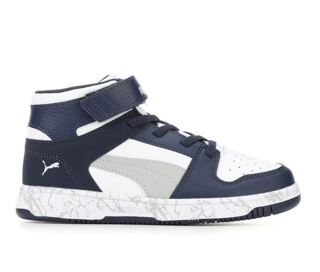 Boys' Puma Little Kid & Big Kid Rebound Layup Mid Marble Sneakers in Navy/Grey/Wht color