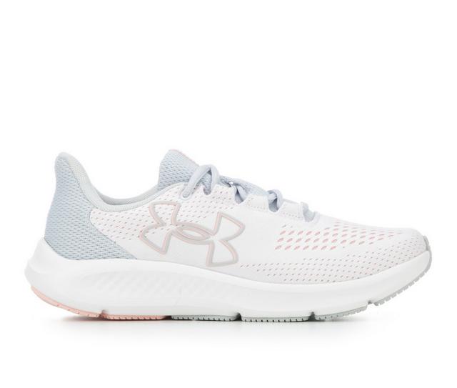 Women's Under Armour Charged Pursuit 3 BL Running Shoes in Wht/Grey/Pink color