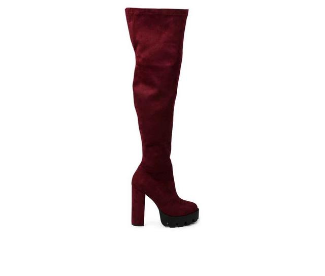 Women's London Rag Maple Over The Knee Heeled Boots in Burgundy color
