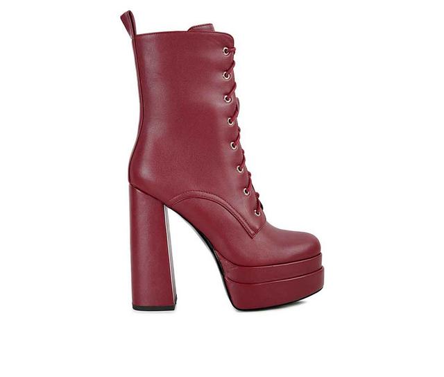 Women's London Rag Meows Lace Up Platform Heeled Boots in Burgundy color