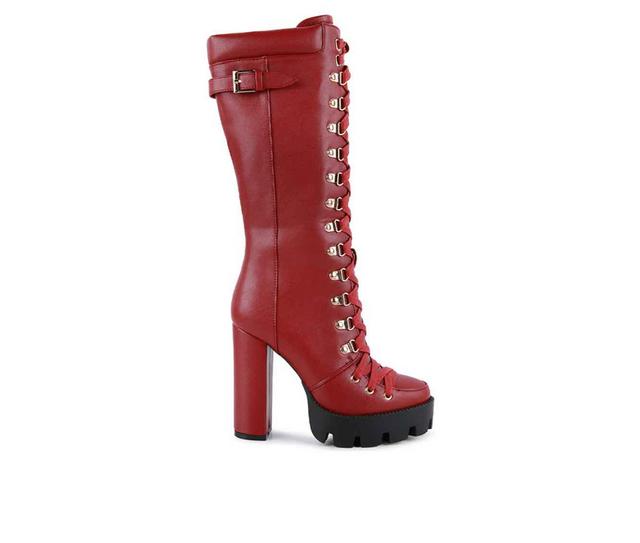 Women's London Rag Magnolia Knee High Lace Up Boots in Burgundy color