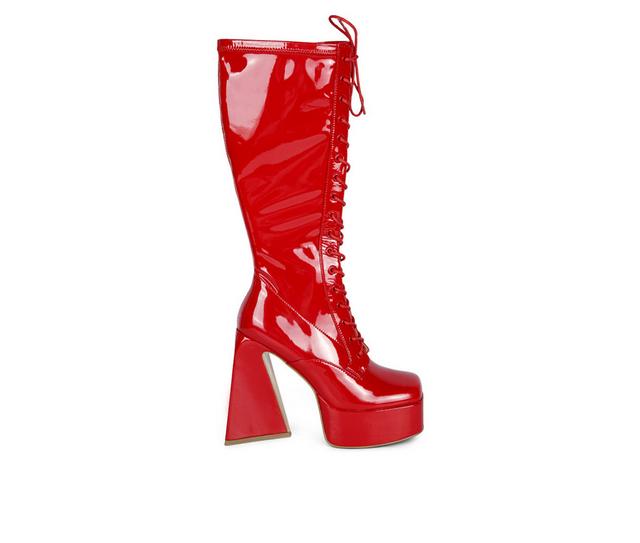 Women's London Rag Snowflakes Knee High Platform Boots in Red color