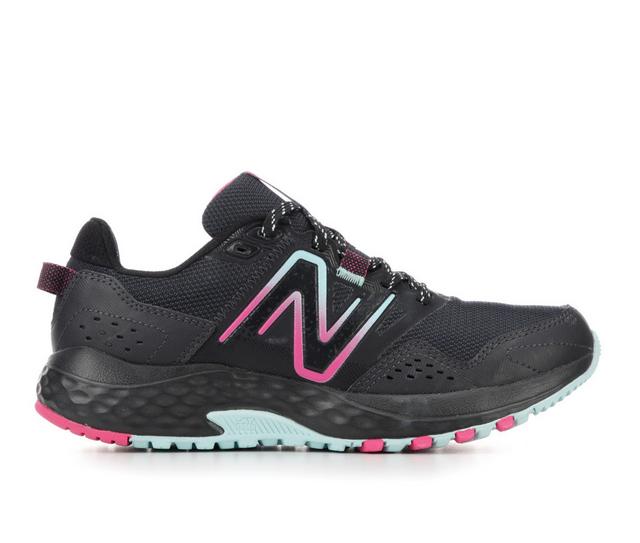 Women's New Balance WT410V8 Trail Running Shoes in BLK/BLUE/PINK color